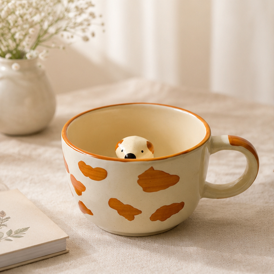 Hand-Painted Dog Surprise Ceramic Mug | Cute Spotted Coffee Cup