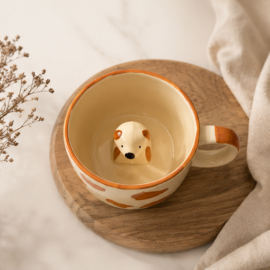 Hand-Painted Dog Surprise Ceramic Mug | Cute Spotted Coffee Cup
