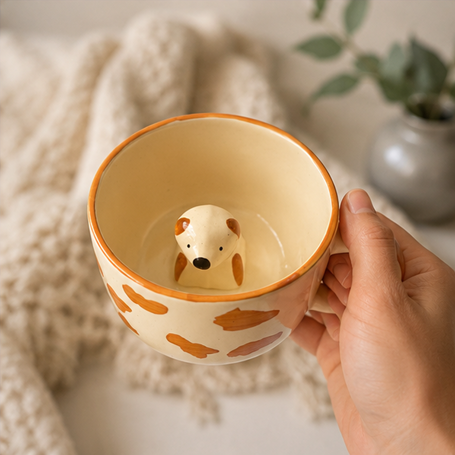 Hand-Painted Dog Surprise Ceramic Mug | Cute Spotted Coffee Cup