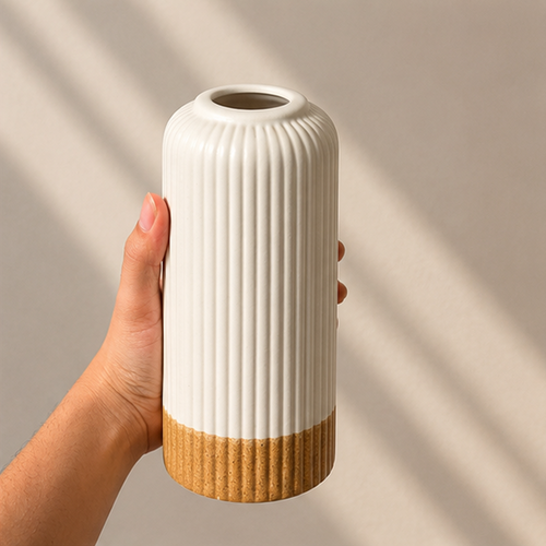 Elegant Ivory Ribbed Ceramic Vase with Textured Base