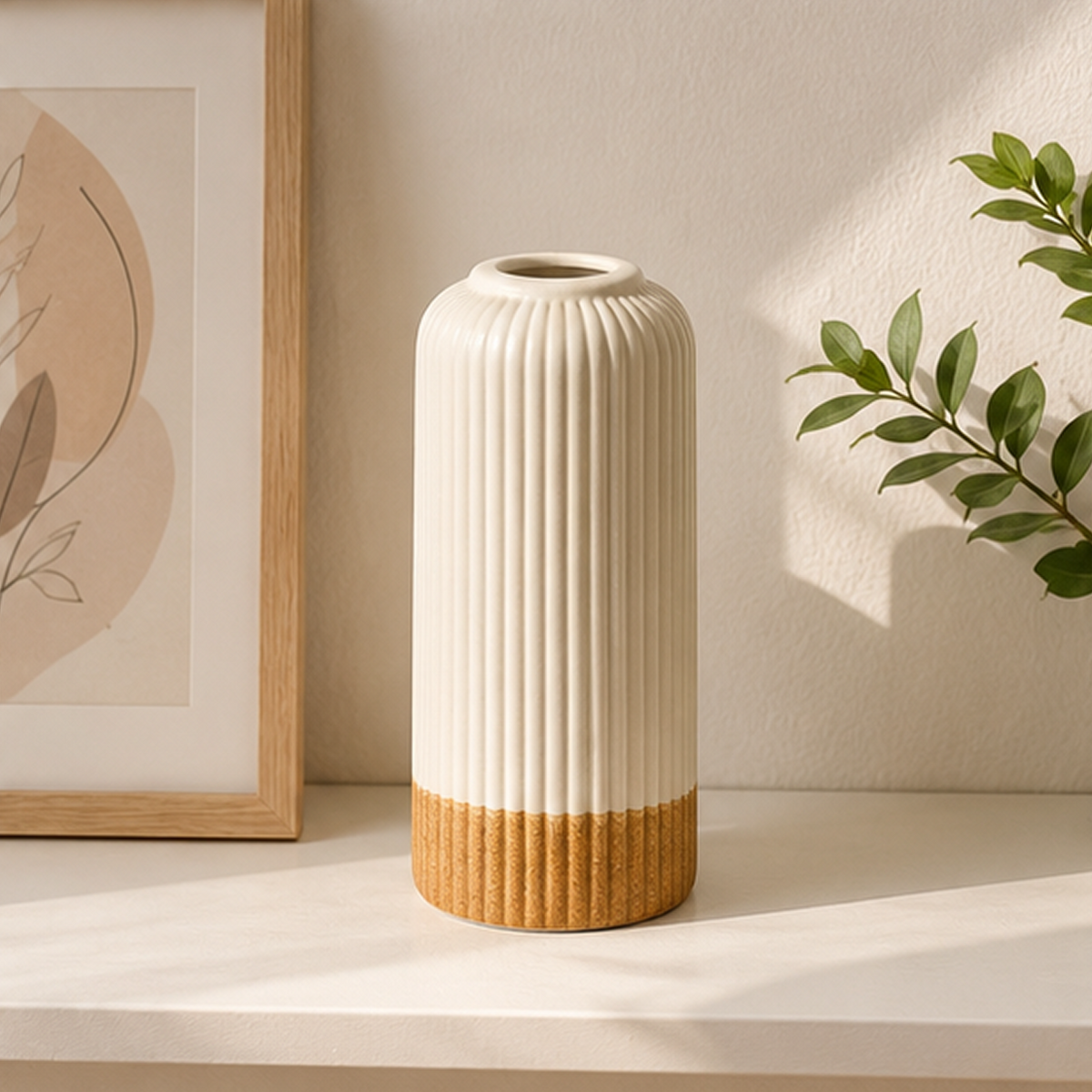 Elegant Ivory Ribbed Ceramic Vase with Textured Base