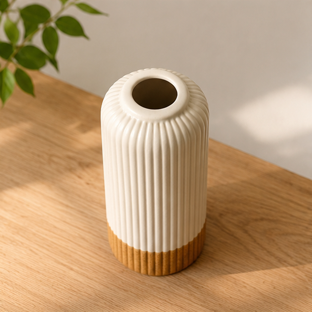 Elegant Ivory Ribbed Ceramic Vase with Textured Base