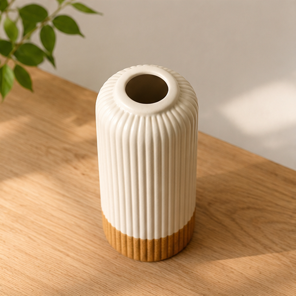Elegant Ivory Ribbed Ceramic Vase with Textured Base