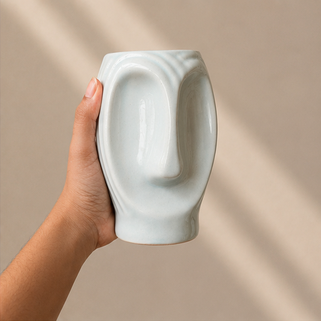 Sculptural Ceramic Face Vase (Blue)
