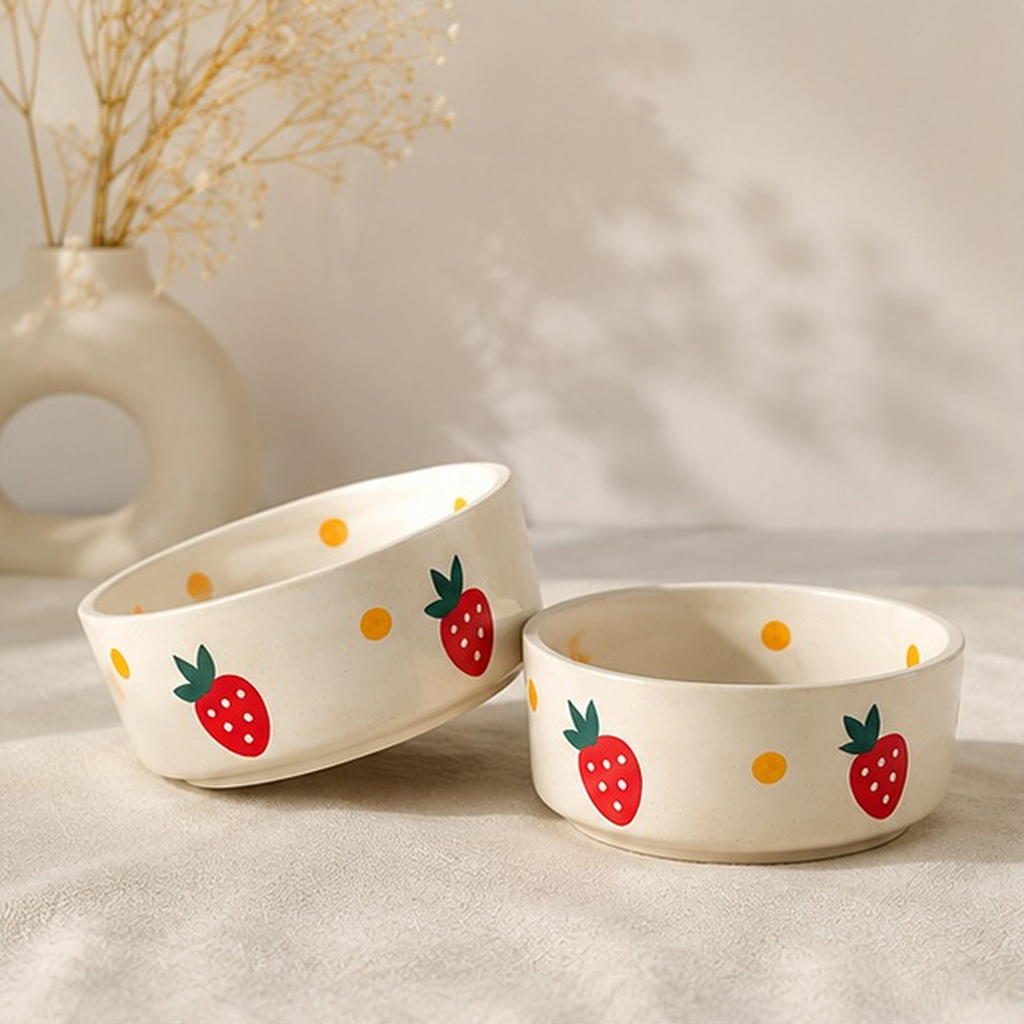 Hand-Painted Strawberry Ceramic Bowls (Set of 2) | Cute Fruit Serving Bowls