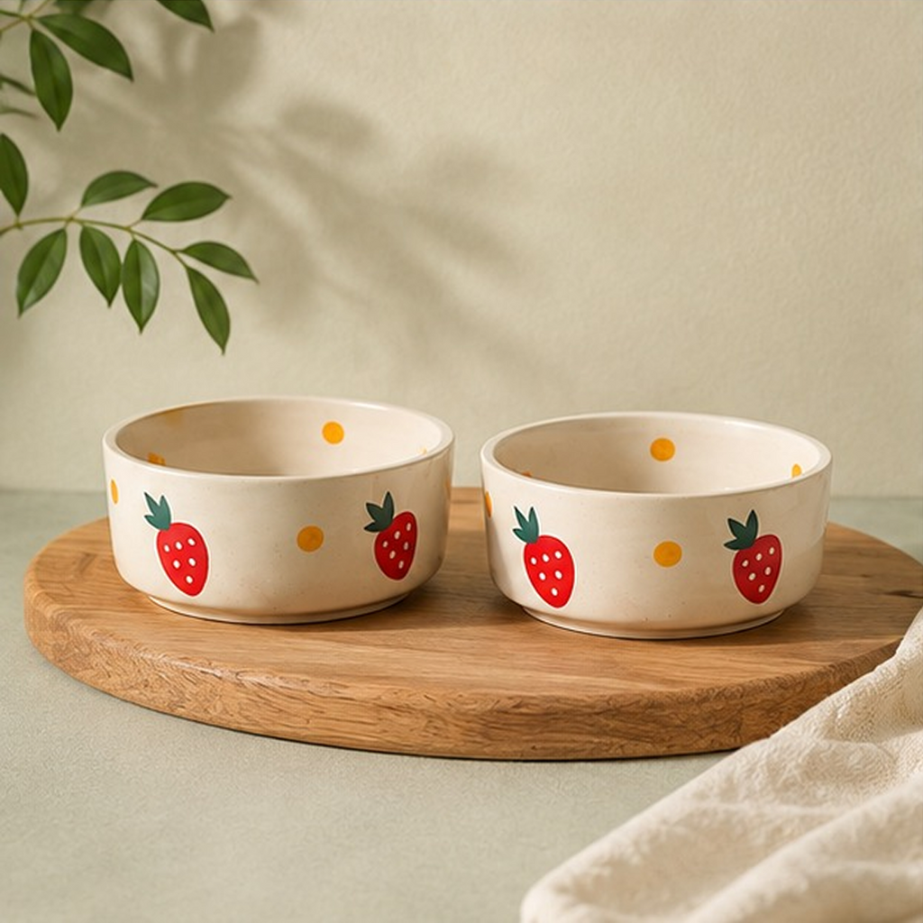 Hand-Painted Strawberry Ceramic Bowls (Set of 2) | Cute Fruit Serving Bowls