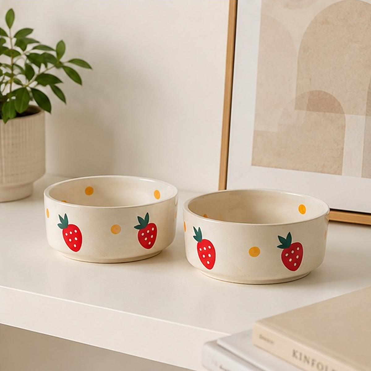 Hand-Painted Strawberry Ceramic Bowls (Set of 2) | Cute Fruit Serving Bowls