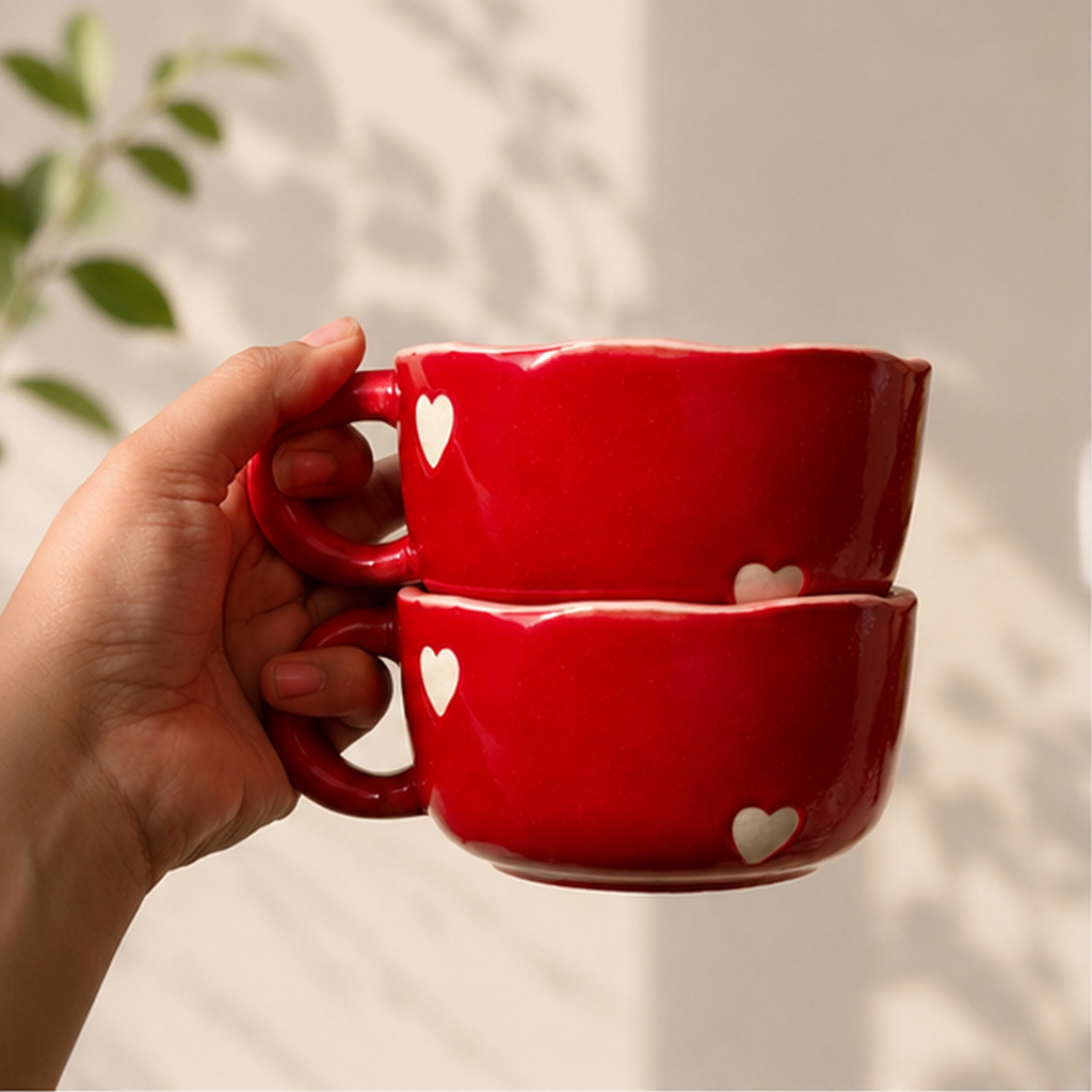 Hand-Painted Red Heart Ceramic Coffee Mugs (Set of 2)