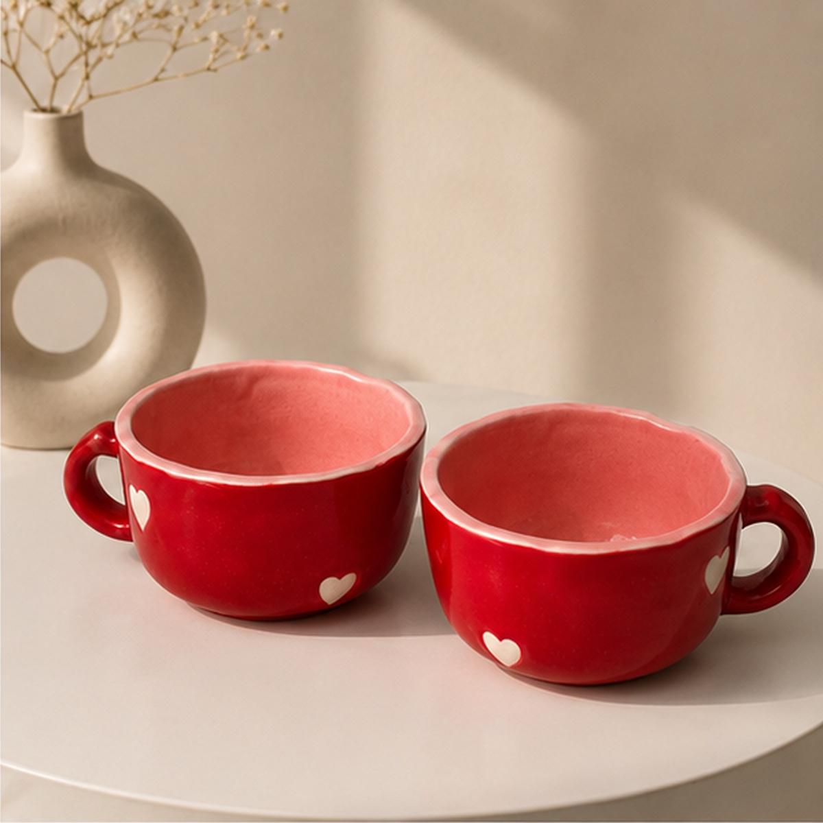 Hand-Painted Red Heart Ceramic Coffee Mugs (Set of 2)