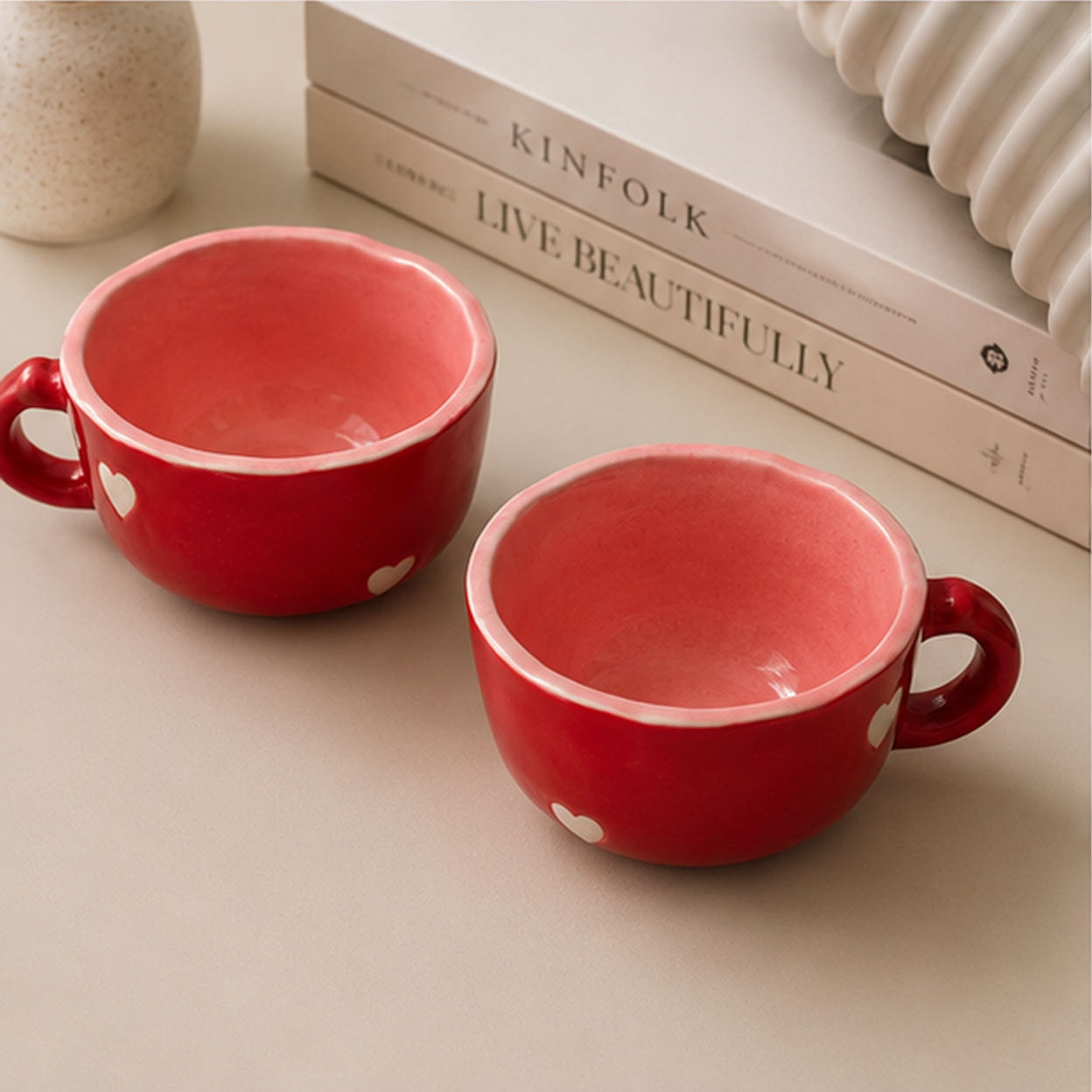 Hand-Painted Red Heart Ceramic Coffee Mugs (Set of 2)
