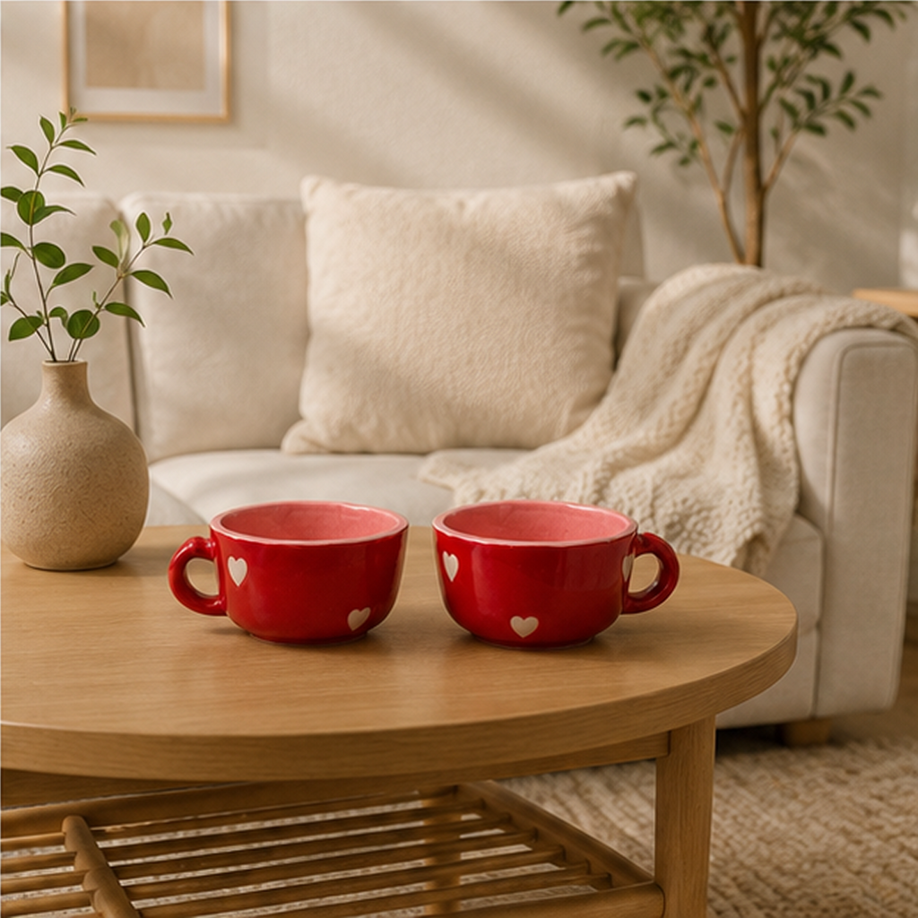 Hand-Painted Red Heart Ceramic Coffee Mugs (Set of 2)