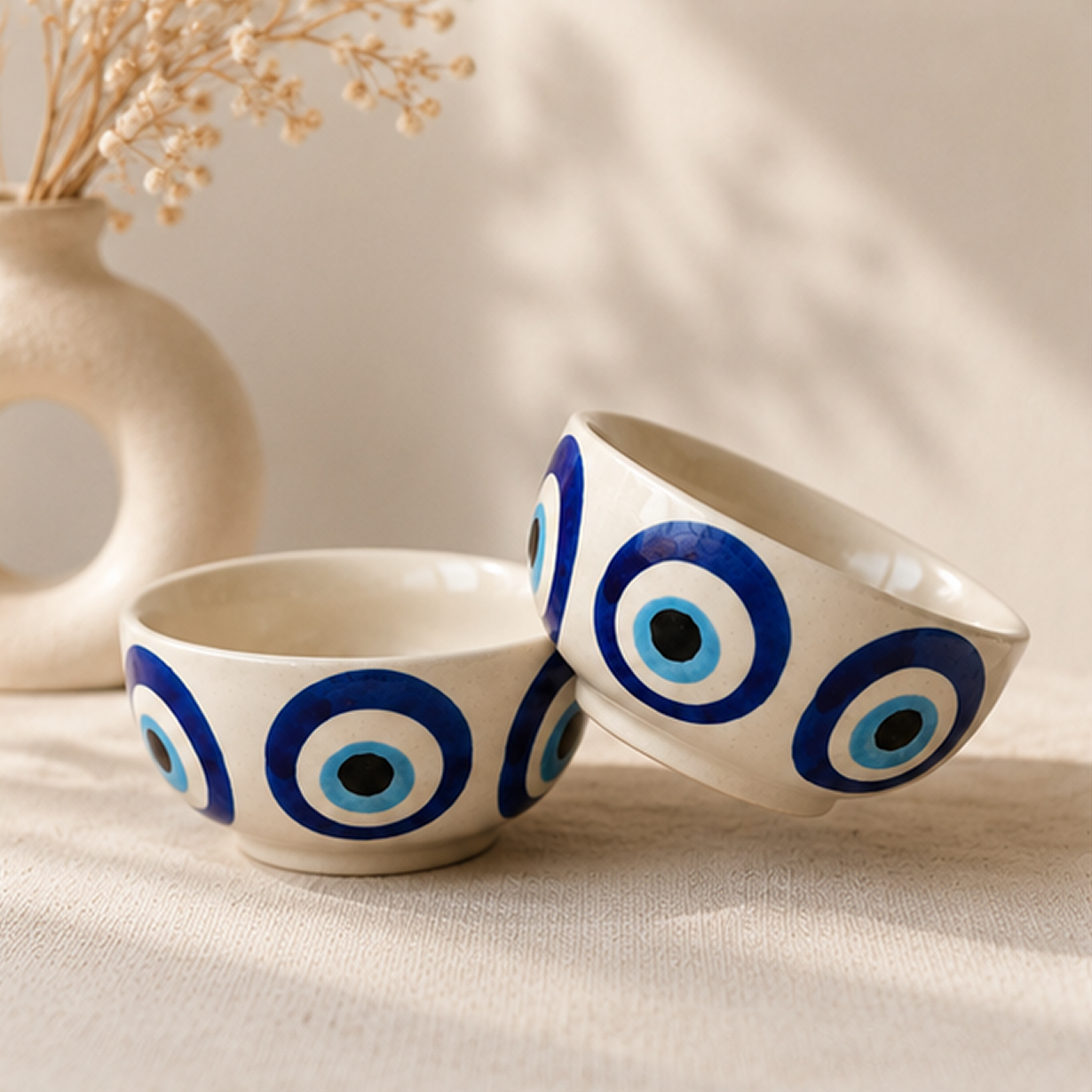 Hand-Painted Nazar Ceramic Bowls (Set of 2) | Evil Eye Serving Bowls
