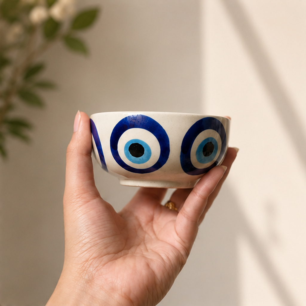 Hand-Painted Nazar Ceramic Bowls (Set of 2) | Evil Eye Serving Bowls
