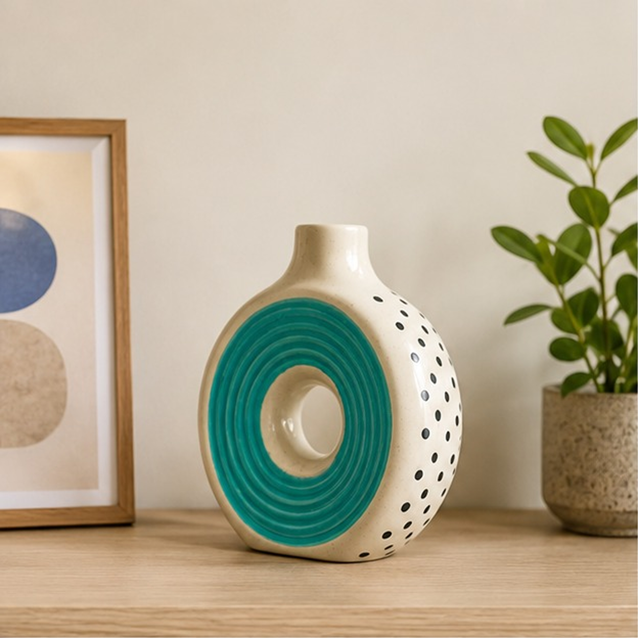 Turquoise Donut Ceramic Vase | Modern Sculptural Flower Vase