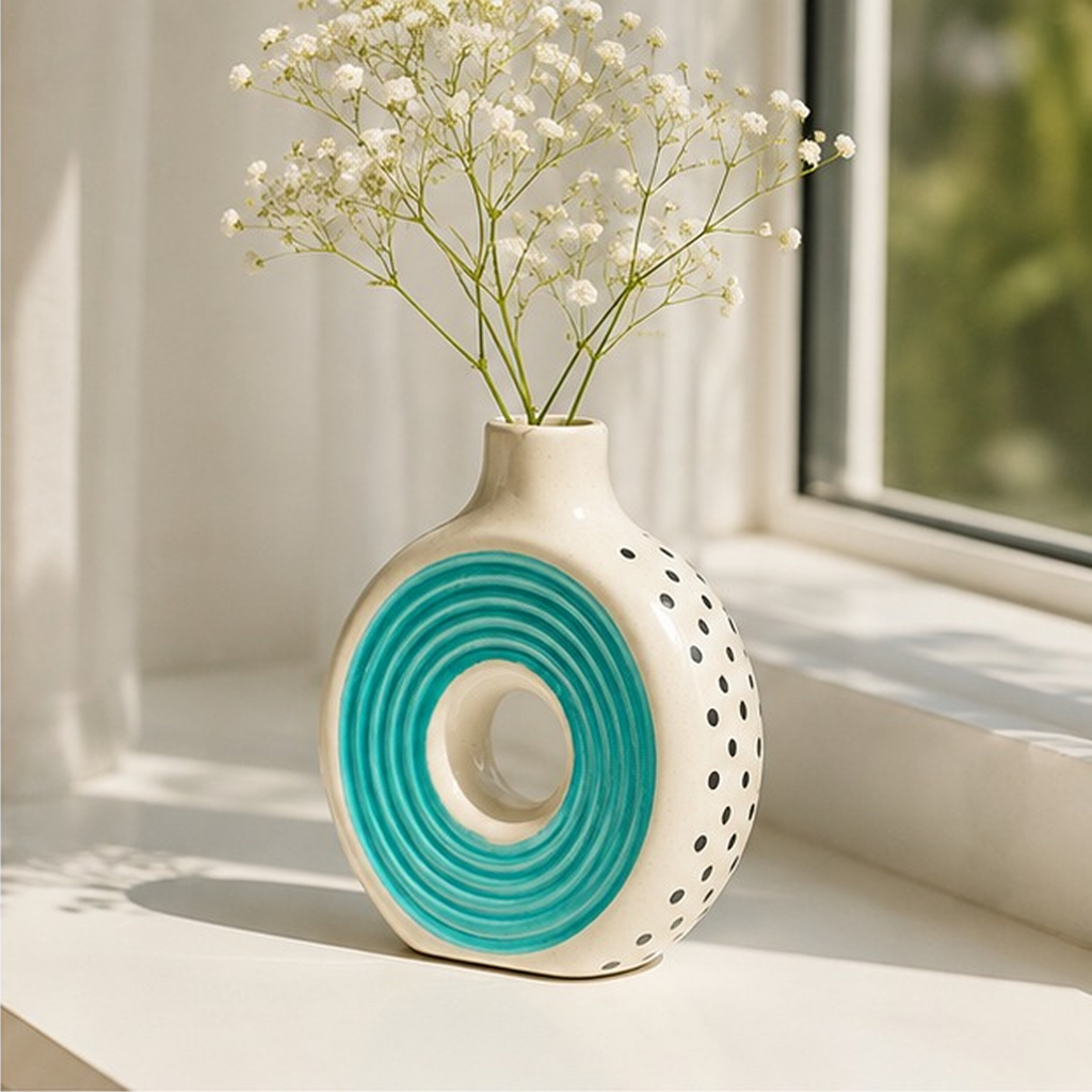 Turquoise Donut Ceramic Vase | Modern Sculptural Flower Vase