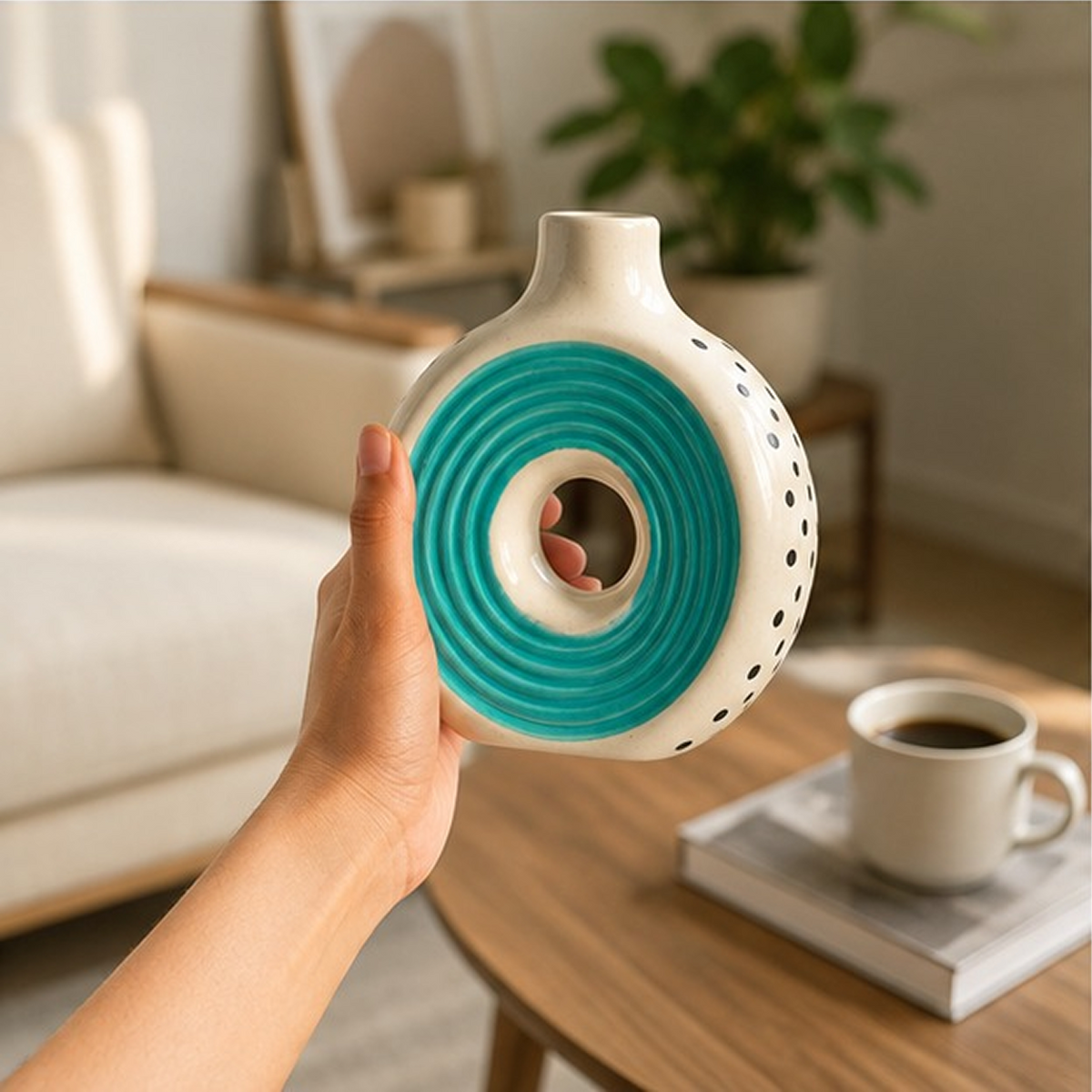 Turquoise Donut Ceramic Vase | Modern Sculptural Flower Vase