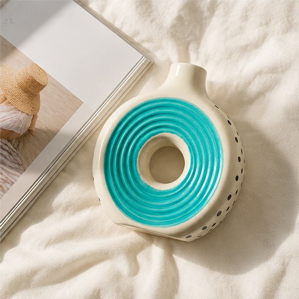 Turquoise Donut Ceramic Vase | Modern Sculptural Flower Vase