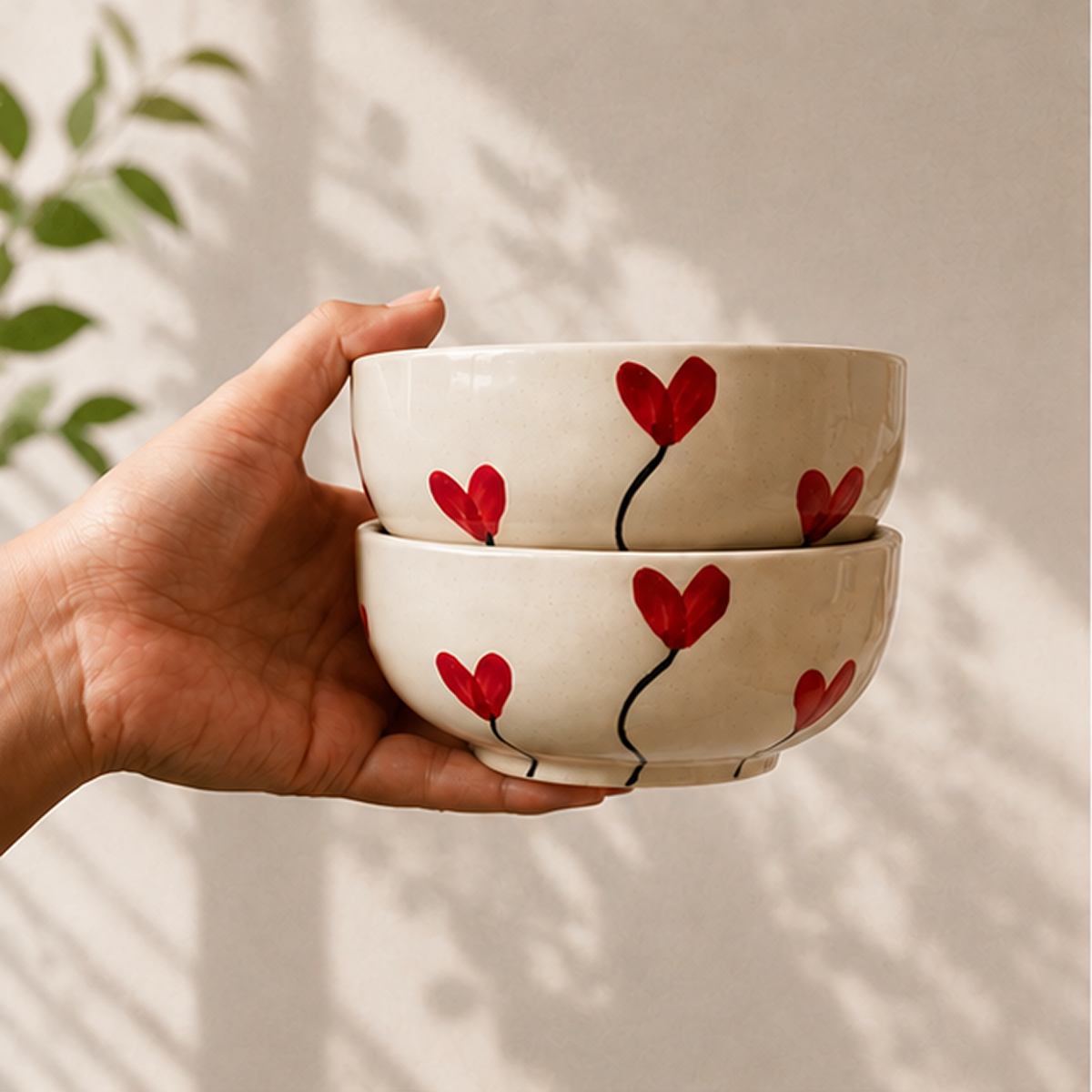 Hand-Painted Red Tulip Ceramic Bowls (Set of 2) | Floral Snack Bowls