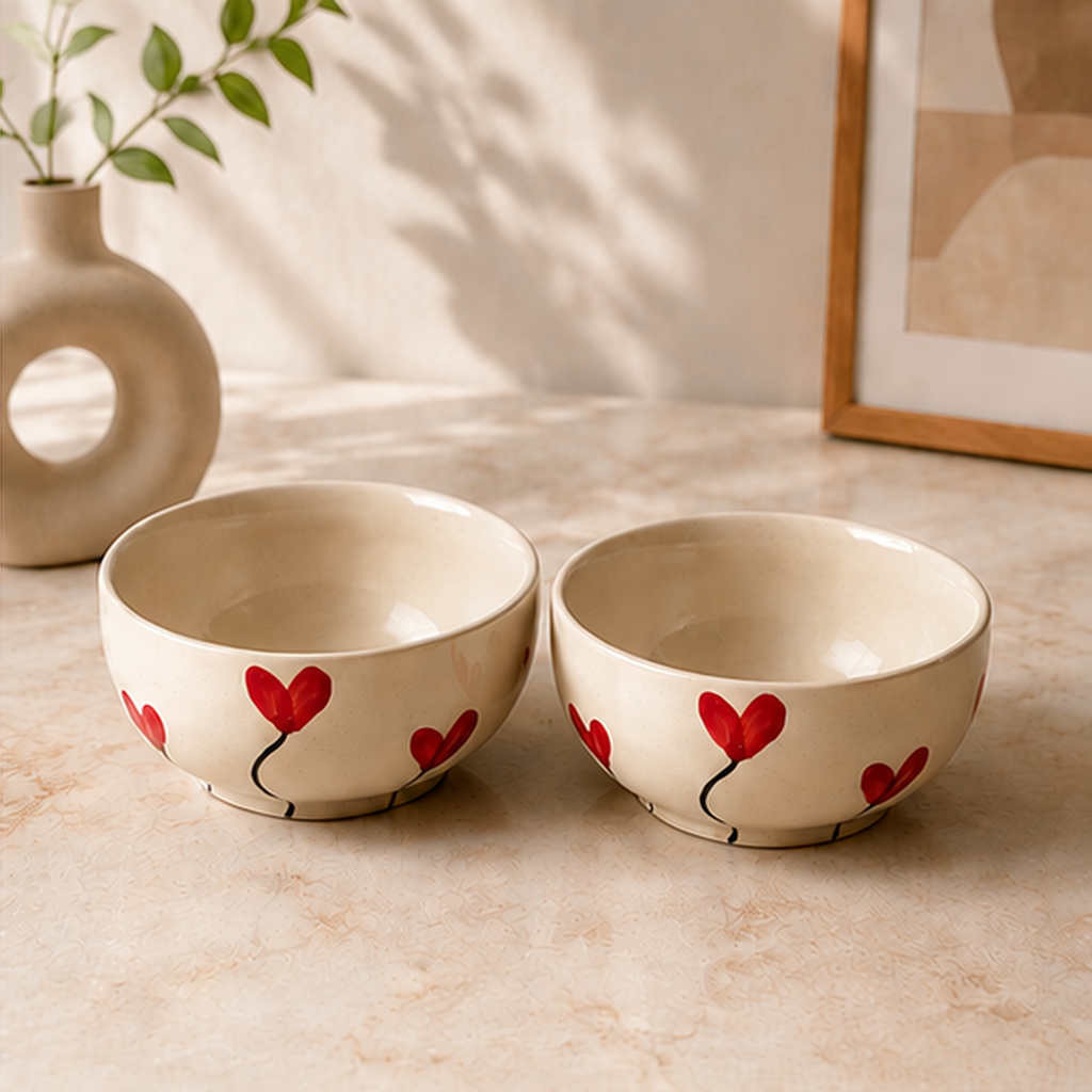Hand-Painted Red Tulip Ceramic Bowls (Set of 2) | Floral Snack Bowls