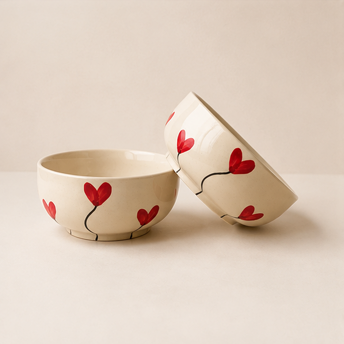 Hand-Painted Red Tulip Ceramic Bowls (Set of 2) | Floral Snack Bowls