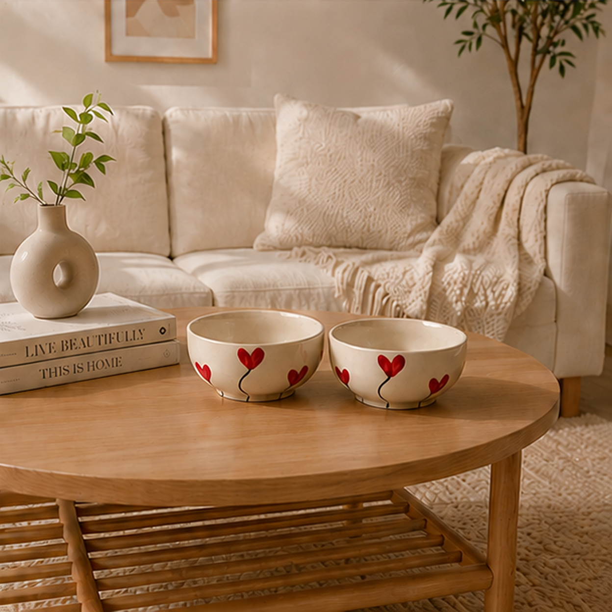 Hand-Painted Red Tulip Ceramic Bowls (Set of 2) | Floral Snack Bowls