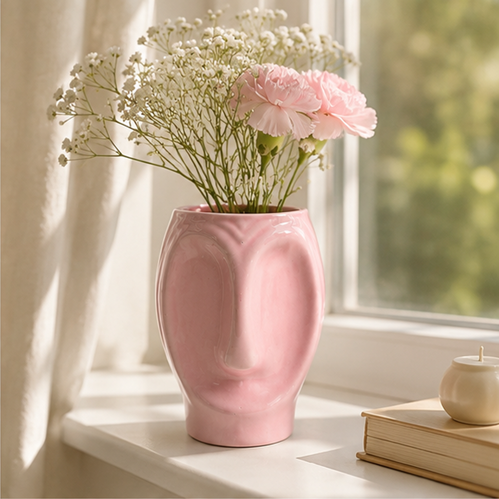 Blush Pink Ceramic Face Vase | Modern Sculptural Flower Vase
