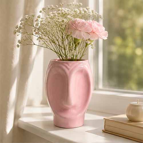 Blush Pink Ceramic Face Vase | Modern Sculptural Flower Vase